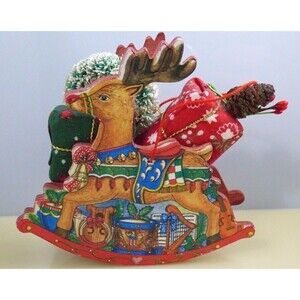 Wooden Rocking Reindeer Ornament Toys Presents Wreath Christmas Holiday Vintage
